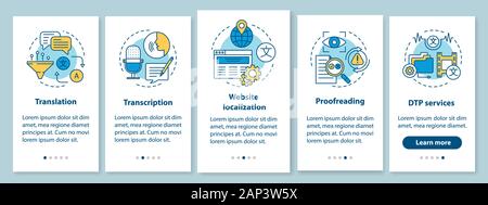 Text services onboarding mobile app page screen with linear concepts. Translation, transcription, proofreading walkthrough steps graphic instructions. Stock Vector