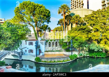 Arneson River Theater Reflection River Walk San Antonio Texas. 15 Mile River Walk created in the 1960s to deal with flood problem. Theater created in Stock Photo