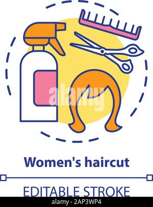 Women haircut concept icon. Hair care and treatment products. Hairstyling idea thin line illustration. Hairdresser salon equipment, hairstylist tools. Stock Vector