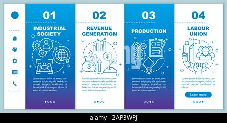 Production process onboarding mobile web pages vector template. Industrial society. Responsive smartphone website interface idea with linear icons. We Stock Vector