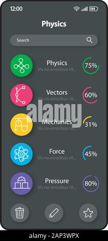Physics categories smartphone interface vector template. Mobile app ...