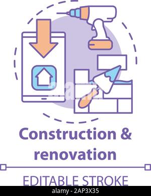 Construction and renovation concept icon. Residential repair service idea thin line illustration. Drill, smartphone and putty knife with bricks vector Stock Vector