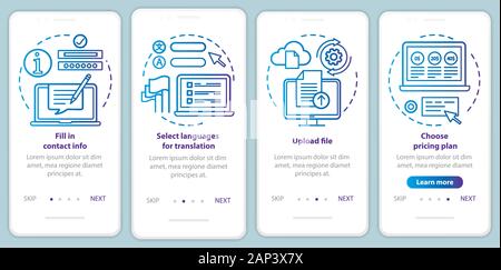 Translation service blue onboarding mobile app page screen vector template. Upload file, contact info. Walkthrough website steps with linear illustrat Stock Vector