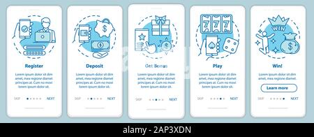Online casino onboarding mobile app page screen with linear concepts. Register, deposit, get bonus, play and win. Walkthrough steps graphic instructio Stock Vector
