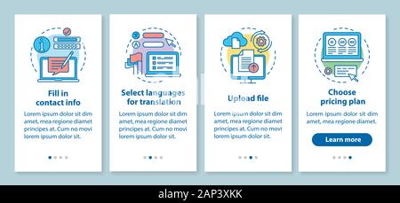 Translation service onboarding mobile app page screen with linear concepts. Upload file, pricing plan, contact info walkthrough steps graphic instruct Stock Vector