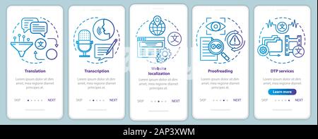 Text services blue onboarding mobile app page screen vector template. Translation, proofreading. Walkthrough website steps with linear illustrations. Stock Vector