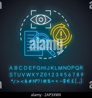 Proofreading neon light concept icon. Text editing, correction process idea. Copyediting written work. Checking punctuation. Glowing sign with alphabe Stock Vector