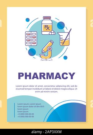 Pharmaceutical industry poster template layout. Drugs production. Banner, booklet, leaflet print design with linear icons. Vector brochure page layout Stock Vector