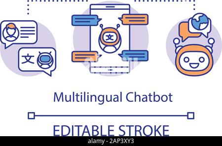 Translation services concept icon. Multilingual machine chatbot idea thin line illustration. AI powered messenger, programmed algorithm . Vector isola Stock Vector