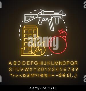 Terrorism neon light concept icon. Gun violence idea. War & terror. Terrorist military attack, explosion. Extremism. Rifle and bomb. Glowing sign with Stock Vector
