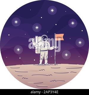 Astronaut planting flag on moon flat concept icon. Male cosmonaut wearing spacesuits, making peace sign with hand sticker, clipart. Planet landing iso Stock Vector