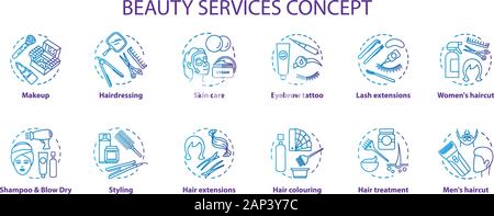 Beauty services concept icons set. Beauty salon, SPA skin care procedures idea thin line illustrations. Hairdresser and makeup. Blue gradient vector i Stock Vector