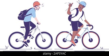 Friends riding bicycles flat vector illustrations. Cyclists with helmets, sportsmen, athletes on bikes. Tourists with backpacks isolated cartoon chara Stock Vector