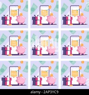 Social media post mockups set. Advertising web banner design templates pack. Profitable offer social media boosters, content layouts collection. Promo Stock Vector