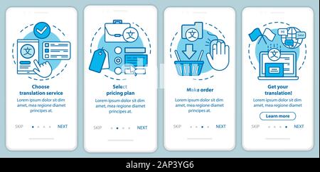 Translation service process blue onboarding mobile app page screen with linear concepts. Select pricing plan, make order walkthrough steps graphic ins Stock Vector