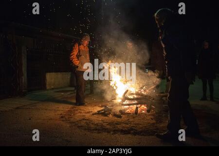Langadas, Greece. 20th Jan, 2020. People prepare the fire for ''Anastenarides'' ahead of the firewalking. Firewalking or ''Anastenaria'' is a religious old tradition in Greece held three times every year in many villages of Northern Greece. Firewalking have been traced back to the ancient rites of Dionysus, the Greek god of revelry. Credit: Giannis Papanikos/ZUMA Wire/Alamy Live News Stock Photo