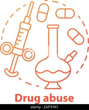 Drug abuse concept icon. Narcotic, opioid addiction idea thin line illustration. Bong, syringe and pills. Cocaine, heroin and marijuana. Substance abu Stock Vector