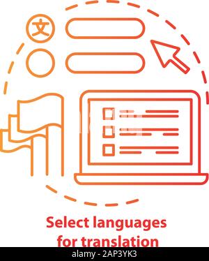 Select languages for translation red concept icon. Translator software idea thin line illustration. Learning foreign language. Online dictionary app. Stock Vector