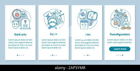 Dark magic onboarding mobile app page screen with linear concepts. Transfiguration, curse, jinx walkthrough steps graphic instructions. Witchcraft UX, Stock Vector