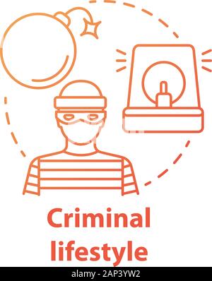 Criminal lifestyle red concept icon. Committing crime idea thin line illustration. Terrorist with bomb. Robber, housebreaker. Terrorism attack. Vector Stock Vector