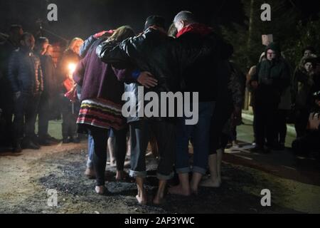 Langadas, Greece. 20th Jan, 2020. Firewalkers walk on smoldering coals during the custom of ''Anastenarides''. Firewalking or ''Anastenaria'' is a religious old tradition in Greece held three times every year in many villages of Northern Greece. Firewalking have been traced back to the ancient rites of Dionysus, the Greek god of revelry. Credit: Giannis Papanikos/ZUMA Wire/Alamy Live News Stock Photo