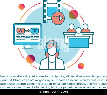 Foreign language courses article page vector template. Language learning. Brochure, magazine, booklet design element with linear icons and text. Print Stock Vector
