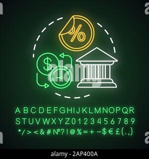 Savings neon light concept icon. Fixed deposit idea. Creating investment account. Getting bigger profits. Glowing sign with alphabet, numbers and symb Stock Vector