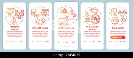 Casino bonuses onboarding mobile app page screen with linear concepts. Gambling. Comp points, cash back, referral, welcome bonuses. Walkthrough steps Stock Vector