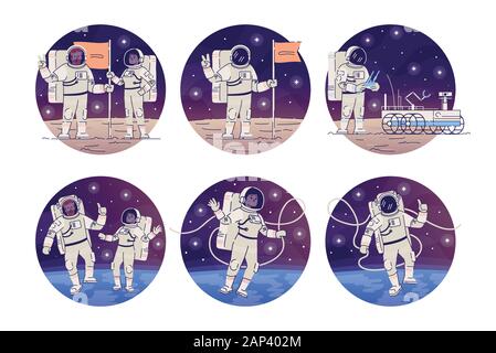 Astronauts in outer space flat concept icons set. Cosmonauts flying in zero gravity, placing flag stickers, cliparts pack. Alien planet, moon landing Stock Vector