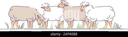 Flock of sheeps on pasture flat vector illustration. Livestock farming, animal husbandry cartoon concept with outline. Ewes grazing. Sheep wool and la Stock Vector