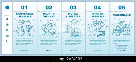 Lifestyle types onboarding mobile web pages vector template. Back to land. Responsive smartphone website interface idea with linear illustrations. Web Stock Vector