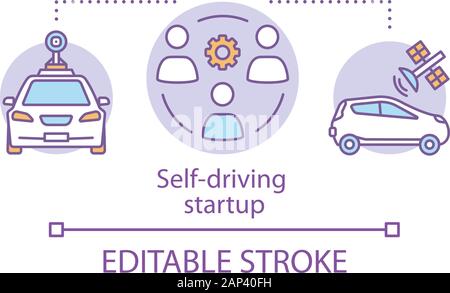 Self-driving startup concept icon. Making autonomous vehicles. Engineers, driverless vehicle. Smart cars development idea thin line illustration. Vect Stock Vector