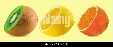 Kiwi, lemon and orange fruit isolated background Stock Photo
