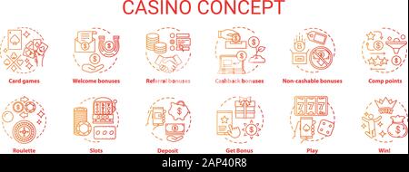 Casino concept icons set. Online games of chance and bonuses idea thin line illustrations. Slot machines, card games, roulette. Gambling. Vector isola Stock Vector