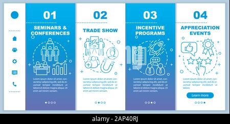 Corporate event management onboarding mobile web pages vector template. Seminars & conferences, incentive programs, appreciation events. Responsive sm Stock Vector
