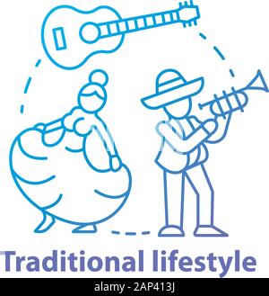 Traditional lifestyle blue concept icon. Latino party idea thin line illustration. Dancing and singing. Musical instruments, guitar, saxophone. Vector Stock Vector