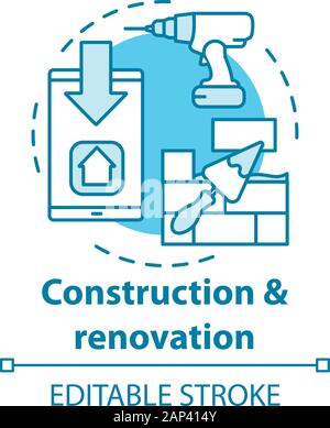 Construction and renovation business concept icon. Residential repair service idea thin line illustration. Drill, smartphone and putty knife vector is Stock Vector