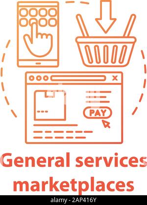 Online general services marketplaces concept icon. On demand economy, e commerce idea thin line illustration. Smartphone, browser window and shopping Stock Vector