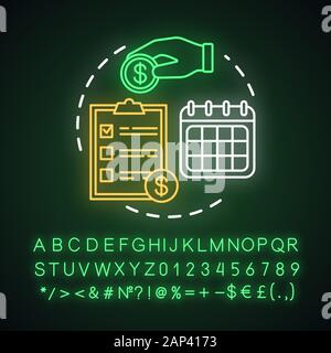 Recurring deposit neon light concept icon. Savings idea. Creating investment account. Regular payments, charges.Glowing sign with alphabet, numbers an Stock Vector