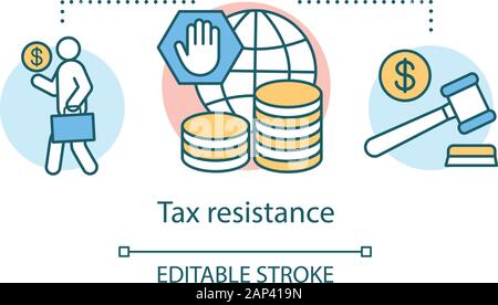 Tax resistance concept icon. Civil disobedience, government manifestation idea thin line illustration. Taxpayer with suitcase, cash and judge gavel ve Stock Vector