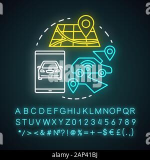 Driverless taxi neon light concept icon. Robo-Cab. Rout for self-driving vehicle. Mobile taxi service idea. Glowing sign with alphabet, numbers and sy Stock Vector