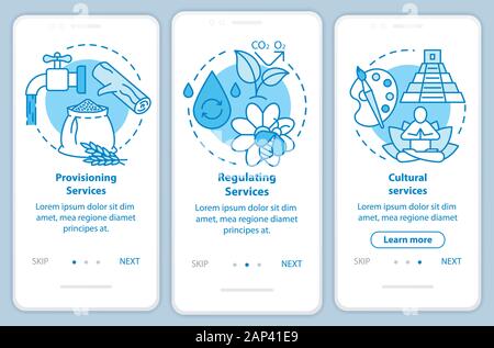Ecosystem services blue onboarding mobile app page screen with linear concepts. Water resources provision walkthrough steps graphic instructions. UX, Stock Vector