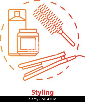 Hair styling blue concept icon. Hair care products and equipment idea thin line illustration. Hairdresser salon, hairstylist parlor. Red gradient vect Stock Vector