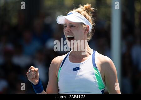 Melbourne, Australia. 21st Jan, 2020. Alison Riske of the United States celebrates after winning the women's singles first round match against Wang Yafan of China at the Australian Open tennis championship in Melbourne, Australia on Jan. 21, 2020. Credit: Bai Xue/Xinhua/Alamy Live News Stock Photo