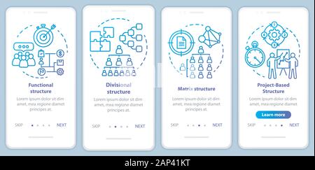 Corporate structure onboarding mobile app page screen with linear concepts. Organization hierarchy. Company management walkthrough graphic blue instru Stock Vector
