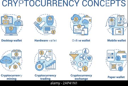 Cryptocurrency concept icons set. Digital asset idea thin line illustrations. Online, hardware wallet. Financial transaction. Bitcoin exchange. Vector Stock Vector