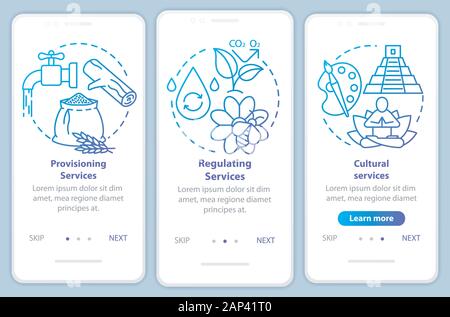 Ecosystem services blue onboarding mobile app page screen with linear concepts. Supporting and cultural service walkthrough steps graphic instructions Stock Vector