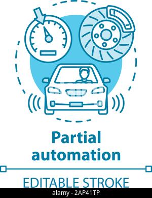 Partial automation concept icon. Vehicle with cruise control and parking sensors. Electronic car systems for driver idea thin line illustration. Vecto Stock Vector