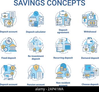 Savings concept icons set. Different banking systems, deposit account variety idea thin line illustrations. Passive income from savings account. Vecto Stock Vector