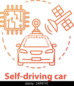 Self-driving car concept icon. Driverless, robotic automobile. Auto, microchip, satellite. Autonomous smart vehicle idea thin line illustration. Vecto Stock Vector